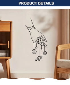 Creative black hand-drawn line wall sticker showing hands holding planets and stars
