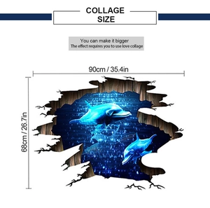 Detail view showing 3D dolphin wall sticker dimensions measuring 90cm wide by 68cm high