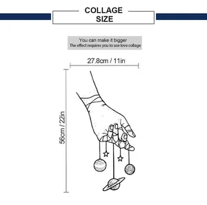 Detailed size chart for universe hand wall sticker showing 27.8cm width and 56cm height
