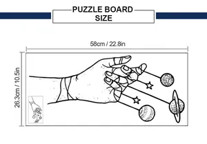 Detailed size chart of the puzzle board showing dimensions 58cm x 26.3cm with line art