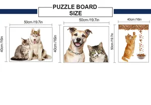 Size chart showing dimensions for 3D dog and cat puzzle wall stickers in cm and inches