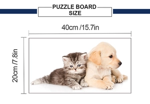 Puzzle board size dimensions showing 40cm by 20cm with cute puppy and kitten prints