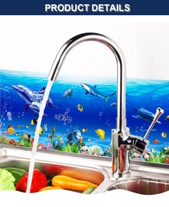 Detail of chrome kitchen faucet mounted on stainless steel sink with ocean world background