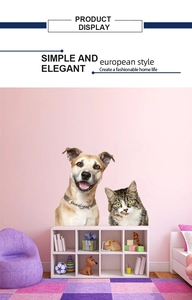 Detail view of 3D lifelike cat and dog wall stickers in a cozy pink living room setting