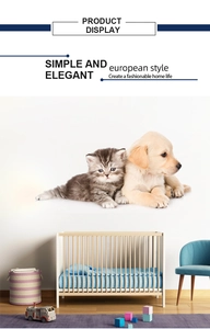 Detailed wall sticker showing a cute tabby kitten and golden puppy on a white wall
