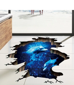 Detailed 3D deep blue ocean dolphin floor sticker with realistic broken effect