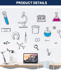 Detailed close-up of scientific wall stickers with microscope, flasks and chemical formulas