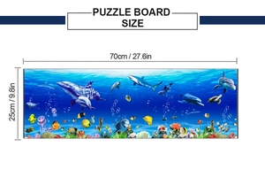 Detailed dimension guide for marine wall decal showing dolphins and sea life