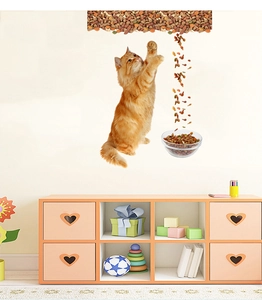 3D wall sticker featuring a realistic orange longhair cat and falling cat food detail