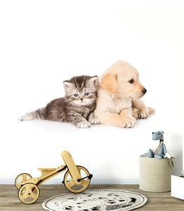 Detailed wall sticker layout featuring cute puppy and kitten in a cozy nursery room setting