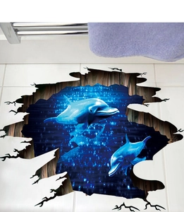 Detailed 3D bathroom floor sticker with swimming dolphins and broken ground effect