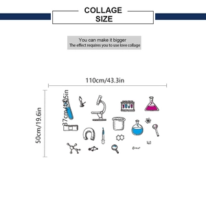 Collage size guide for science wall decals featuring microscope and chemical elements