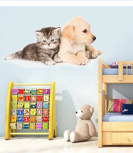 Realistic cat and dog wall decals shown in a cozy children room with wooden bunk beds