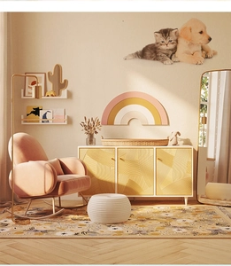 Detail of cute cat and dog wall decals with a colorful rainbow for kids' room decoration