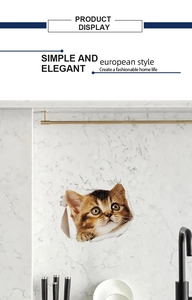 Detailed view of 3D orange tabby cat wall sticker breaking through a white marble wall