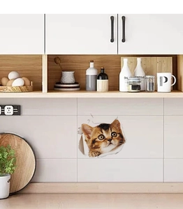 Detailed 3D cat wall sticker showing a realistic brown tabby cat head popping through a wall