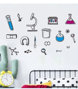 Macro detail of science wall decals with microscope and chemical formulas in a kid's bedroom