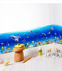 Detailed ocean world wall border sticker showing dolphins, sharks and coral reef