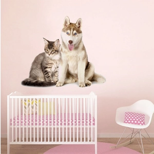 3D realistic husky puppy and tabby cat wall stickers in a cozy nursery bedroom decor