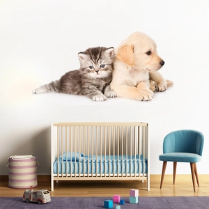 Cute Puppy And Kitten Wall Stickers Realistic Pet PVC Decals For Kids Room Nursery Bedroom Decor Removable Animal Mural Art