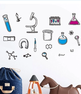Detail of science lab wall stickers with test tubes, microscopes and chemical symbols