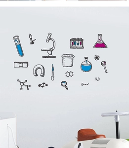 Detailed science wall sticker with microscope, beaker, and atoms on white background