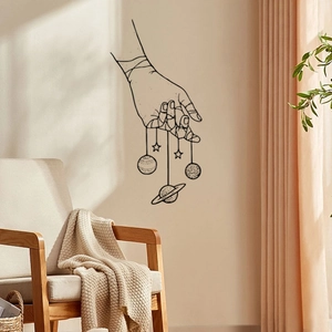 Minimalist black hand line wall decal with celestial Saturn and stars for home decor