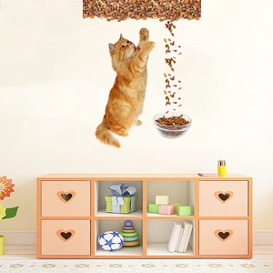 3D realistic orange cat wall decal featuring a climbing cat with a food bowl and kibble