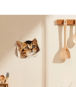 Detailed 3D cat wall sticker showing a brown tabby kitten peeking from a wall hole