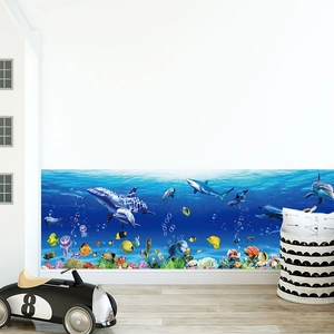 Underwater world wall border sticker featuring dolphins and sharks for kids room decor
