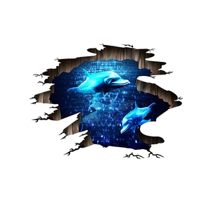3D wall sticker featuring blue dolphins swimming through a star sky cracked wood hole