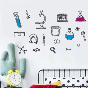 Science lab wall sticker featuring hand-drawn microscope and chemical formulas for decor