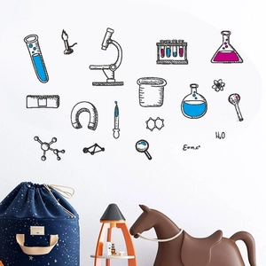 Science lab wall decal featuring microscope and chemical formulas for educational decor