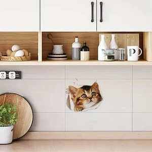 3D cute tabby cat wall sticker creative hole design for kitchen and room decor
