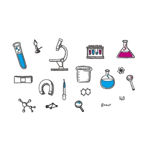 Science lab wall decals featuring hand-drawn microscope, beakers, and chemical elements