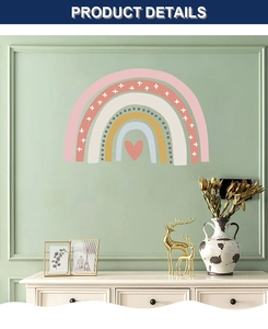Detail of boho rainbow wall decal with heart and dots above white dresser cabinet