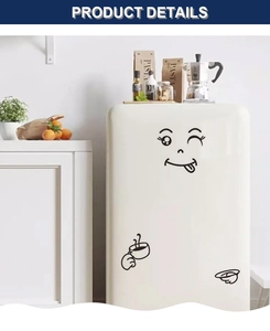 Close-up of funny winking face fridge sticker with coffee pattern on white background