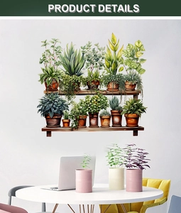 Detail view of natural green potted plant wall stickers with wooden shelf design elements