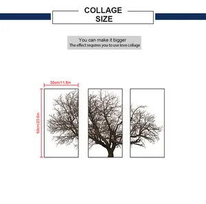 Detailed size chart for triptych grey tree wall art showing 30x60cm panels per piece