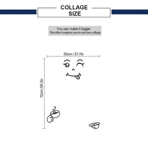 Size chart showing 55x72cm dimensions for funny cartoon smiley wall stickers