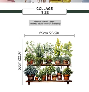 Size chart showing green plant wall sticker dimensions 59x56cm with collage size guide