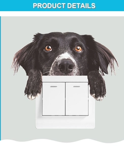 Detail showing creative 3D peek-a-boo dog wall sticker applied on a white light switch