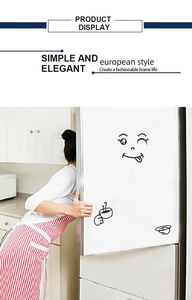 Detailed view of creative smiley face and coffee cup fridge decals on white refrigerator