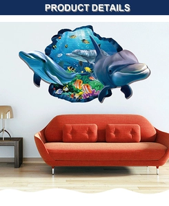 Detail of 3D dolphin wall sticker showing vivid marine life above a modern sofa