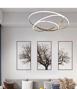 Detail view of modern 3-ring LED ceiling light in a minimalist living room setting