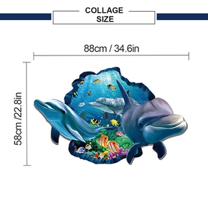 Collage size dimensions of 3D ocean dolphin wall decals showing 88cm by 58cm scale