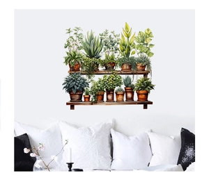 Detail of watercolor potted plants wall stickers on a clean white living room wall