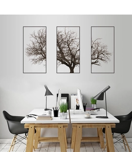 Detailed view of Nordic triptych wall art featuring grey tree silhouettes on white canvas