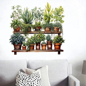 Modern Minimalist PVC Potted Plants Wall Sticker Watercolor Leaves On Wooden Shelves Decor For Bedroom Living Room Background
