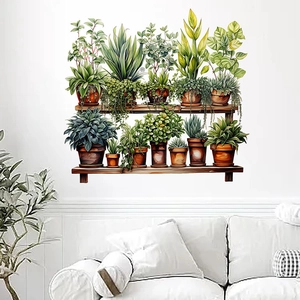 Self-adhesive watercolor potted plants wall stickers on wooden shelves for living room decor
